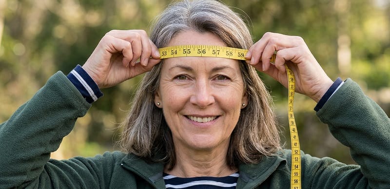 Frau misst ihren Kopfumfang mit einem Schneidermaßband – Anleitung zum Kopfumfang messen