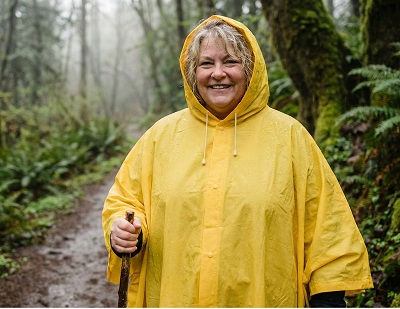 Damen Regenponcho in Übergröße – gelber Poncho beim Wandern im Wald