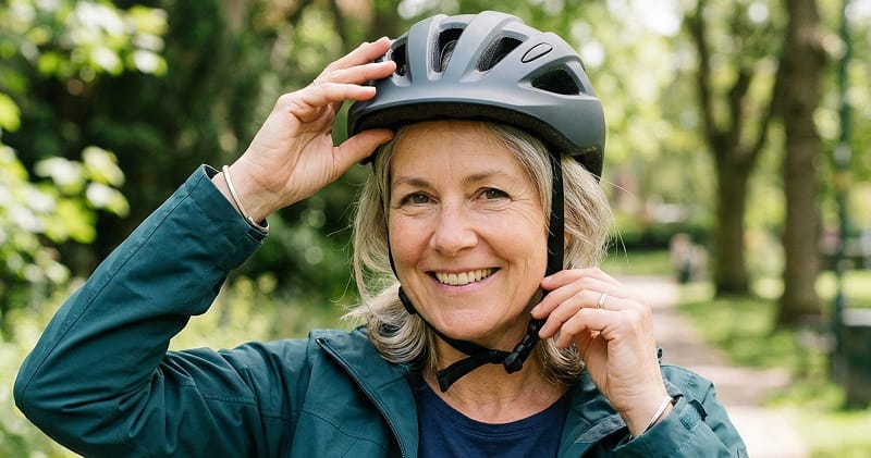 Frau probiert Fahrradhelm an und justiert den Sitz – Helmgröße richtig ermitteln