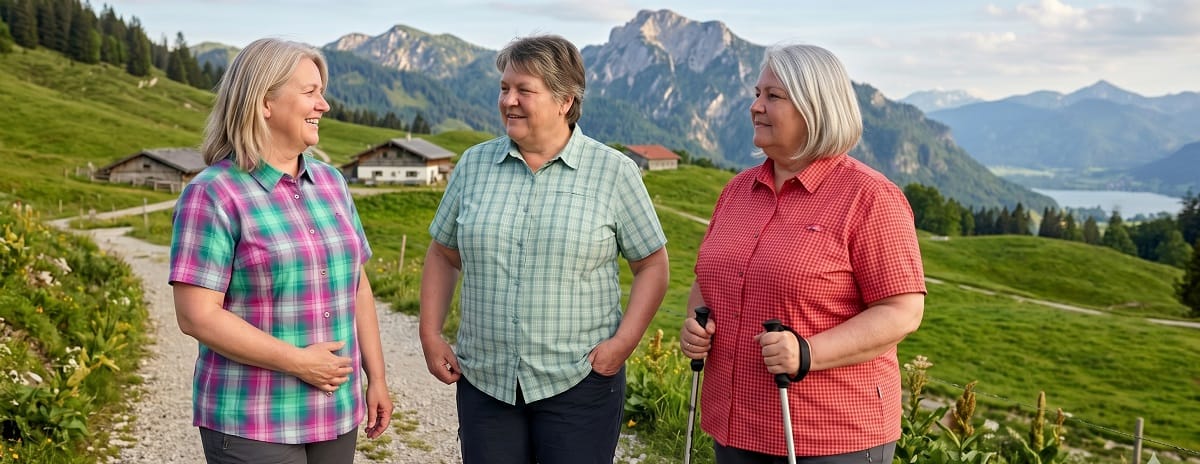 Drei Damen in Übergrößen mit Outdoor-Blusen auf einem Wanderweg im bayerischen Voralpenland