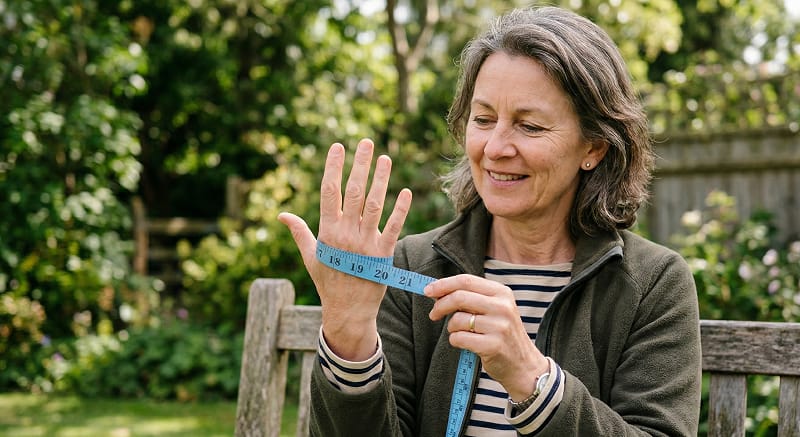 Frau misst Handumfang mit Schneidermaßband – Handschuhgröße richtig ermitteln