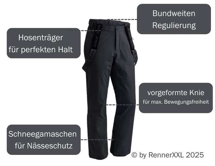 Grafik Skitourenhose in Übergröße mit Funktionen: Bundweitenregulierung, Schneegamaschen und Hosenträger für perfekte XXL Passform