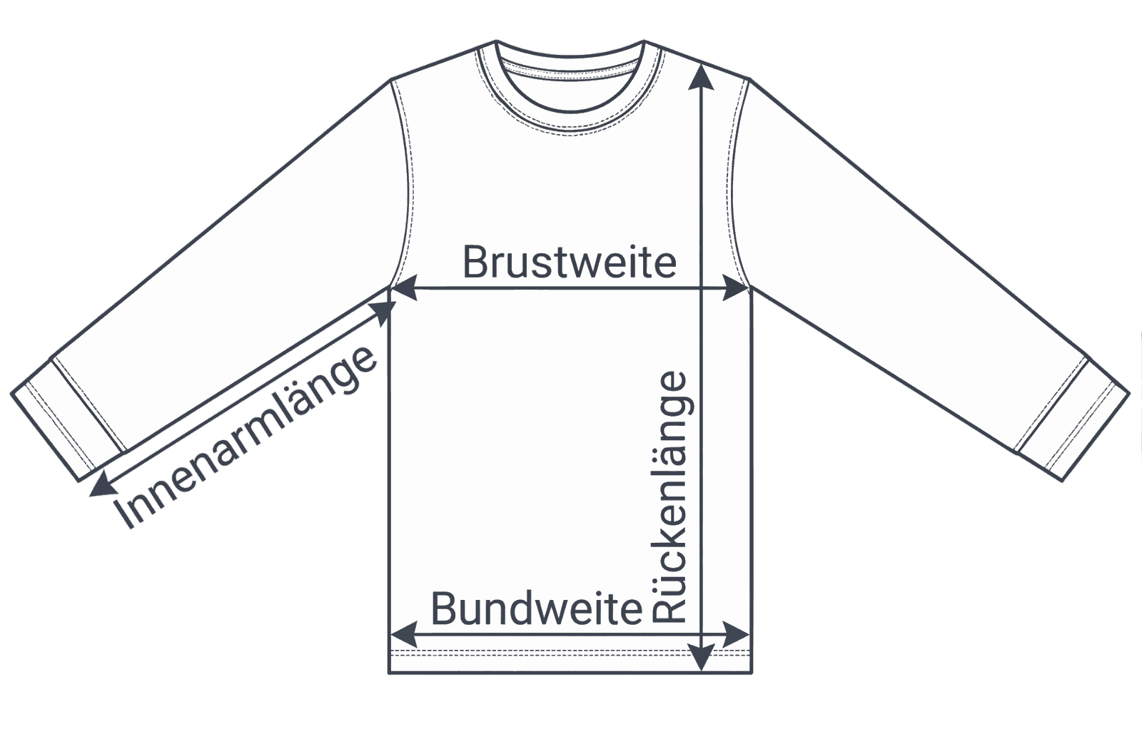 So messen wir: Brustweite, Armlänge, Rückenlänge und Bundweite Abmessungen Funktionshemd - wo messen