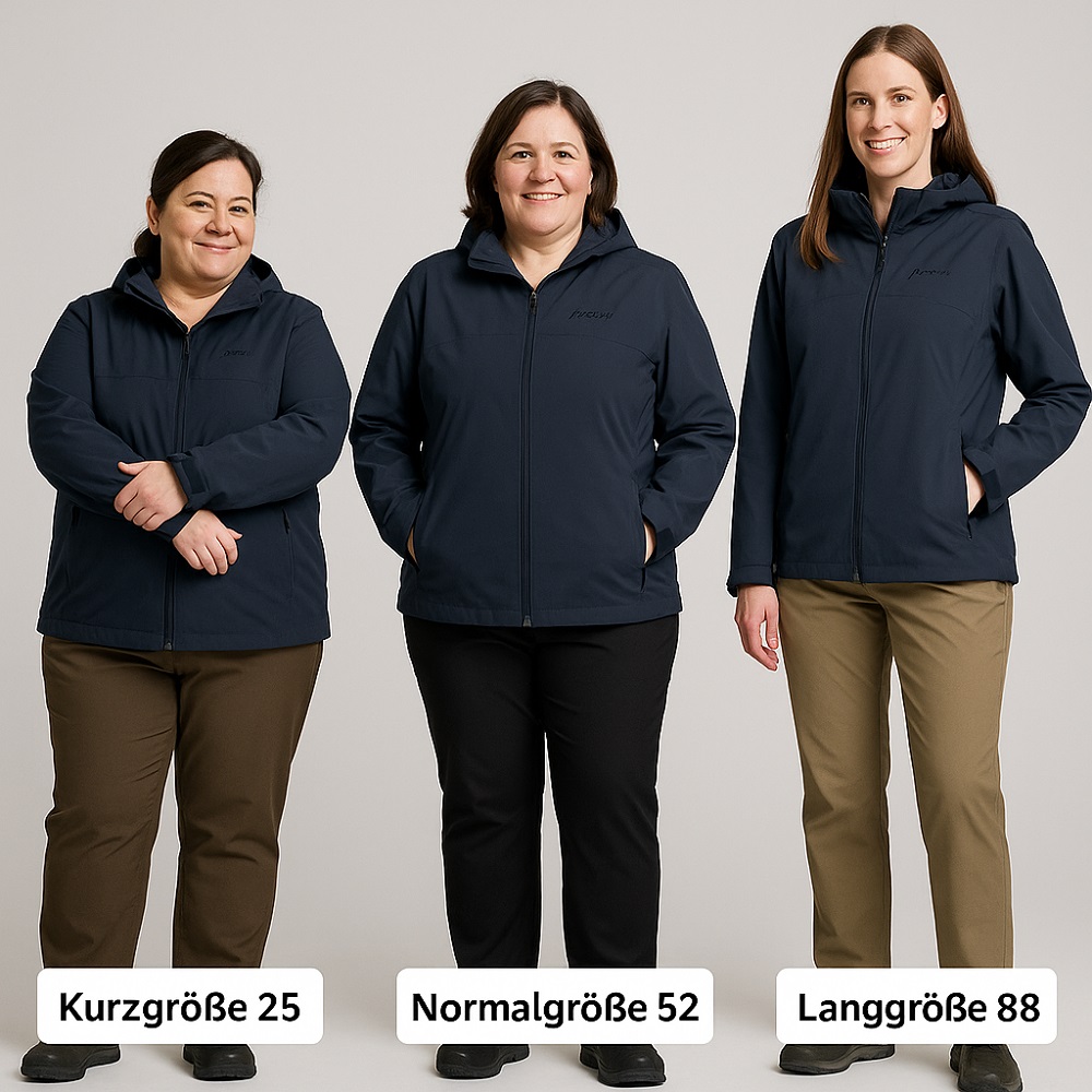 Outdoorjacke Damen Langgröße Kurzgröße Normalgröße Vergleich - Armlänge und Passform