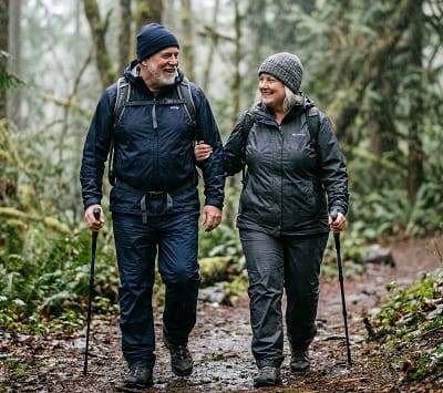 Paar in Regenhosen und Regenjacken in Übergrößen beim Wandern im Regen